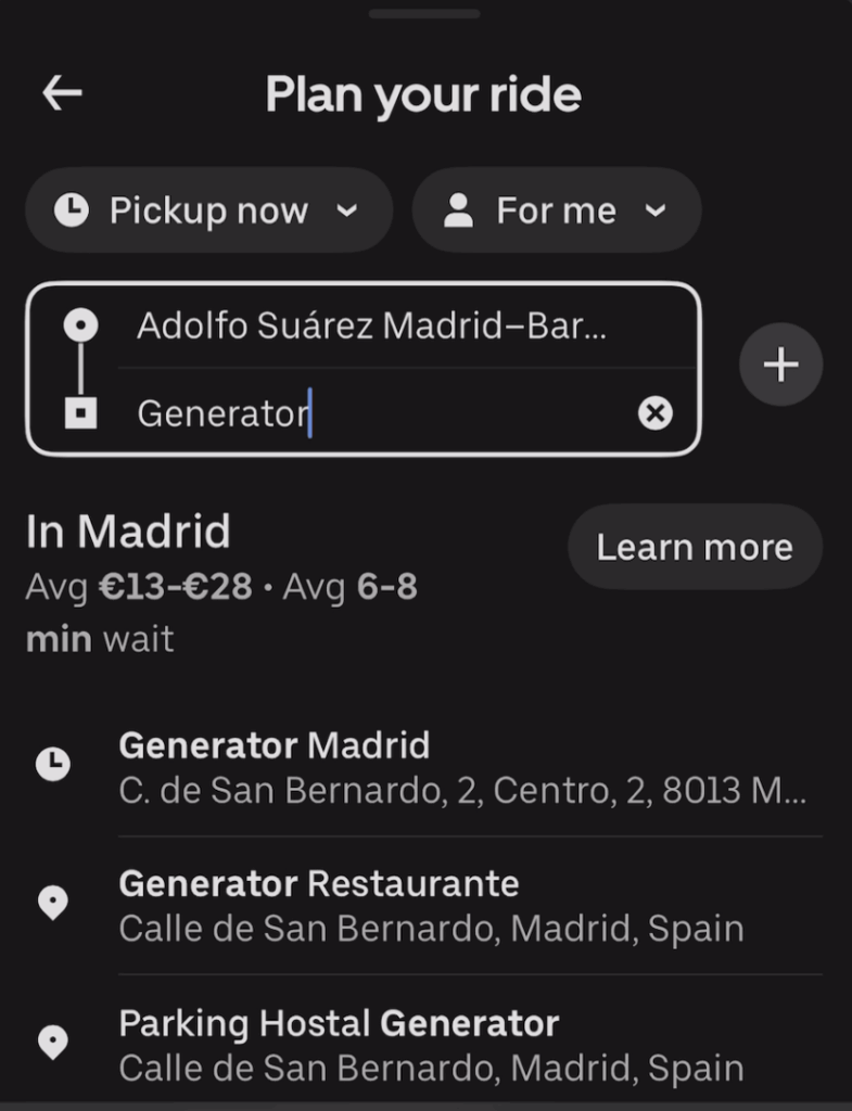 enter travel destination for uber abroad